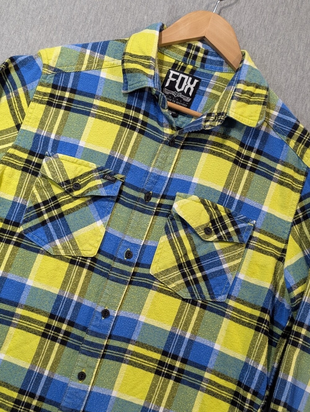 Fox Flannel Plaid Button Shirt Men's Medium Yellow Blue Long Sleeve